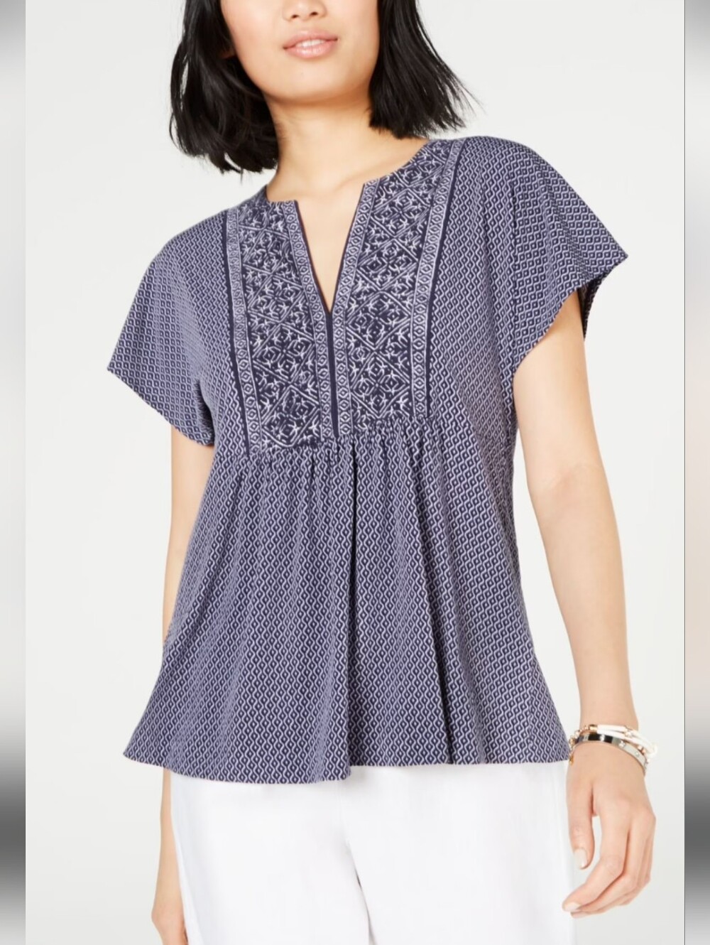 NWOT Michael Koes Blue Printed Short Sleeve V Neck Top 1X
